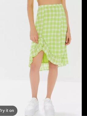 Urban Outfitters Lime Green Gingham Ruffle Wrap Midi Skirt